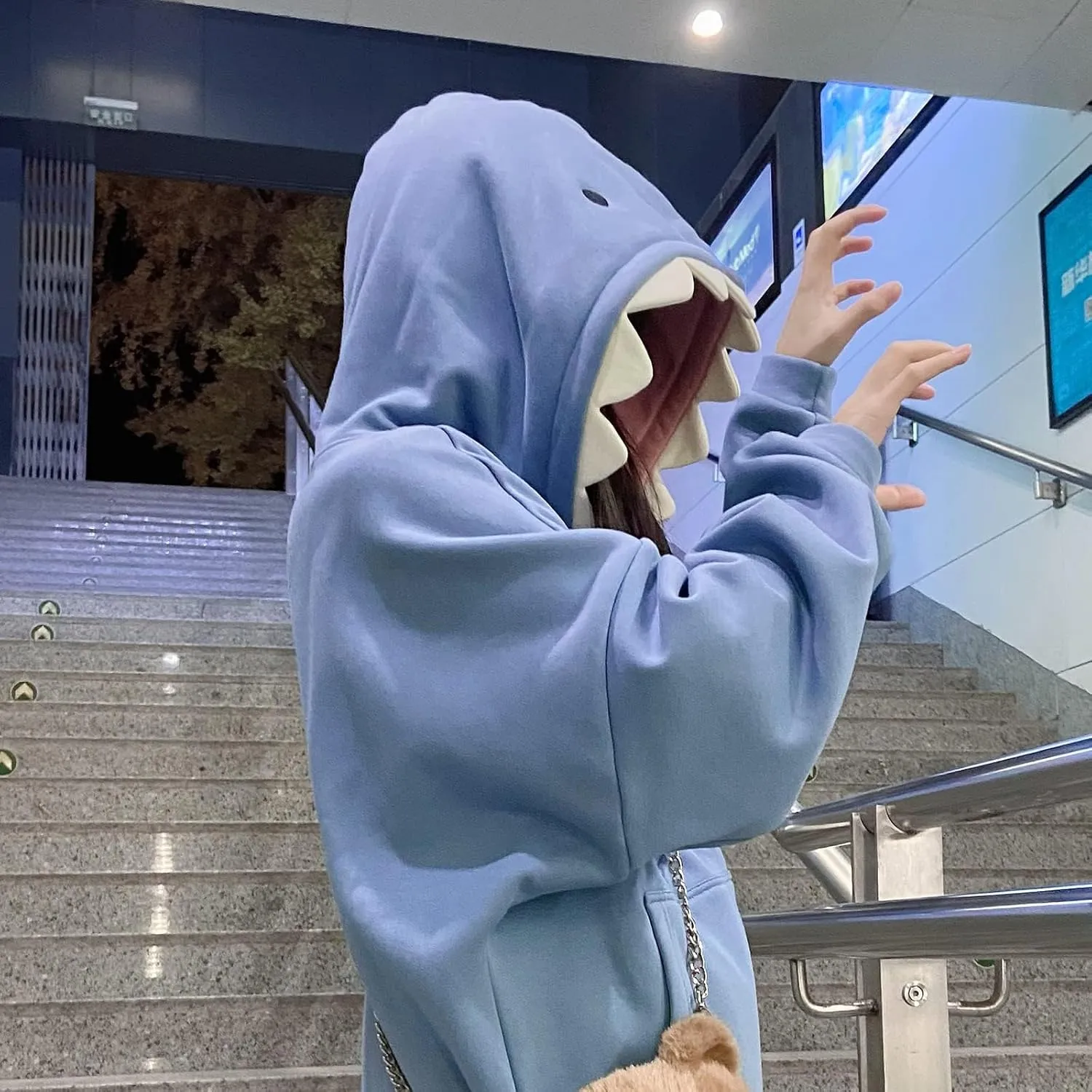 YEMOCILE Women Cute Shark Hoodie Long Sleeve Blue Kawaii Animal Shark Shape Hooded Pullover Sweatshirts