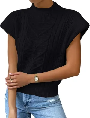Yimoon Womens Sweater Vest Top Sleeveless Cable Knit Mock Neck Sweater Tank Short Sleeve Shoulder Pad Pullover