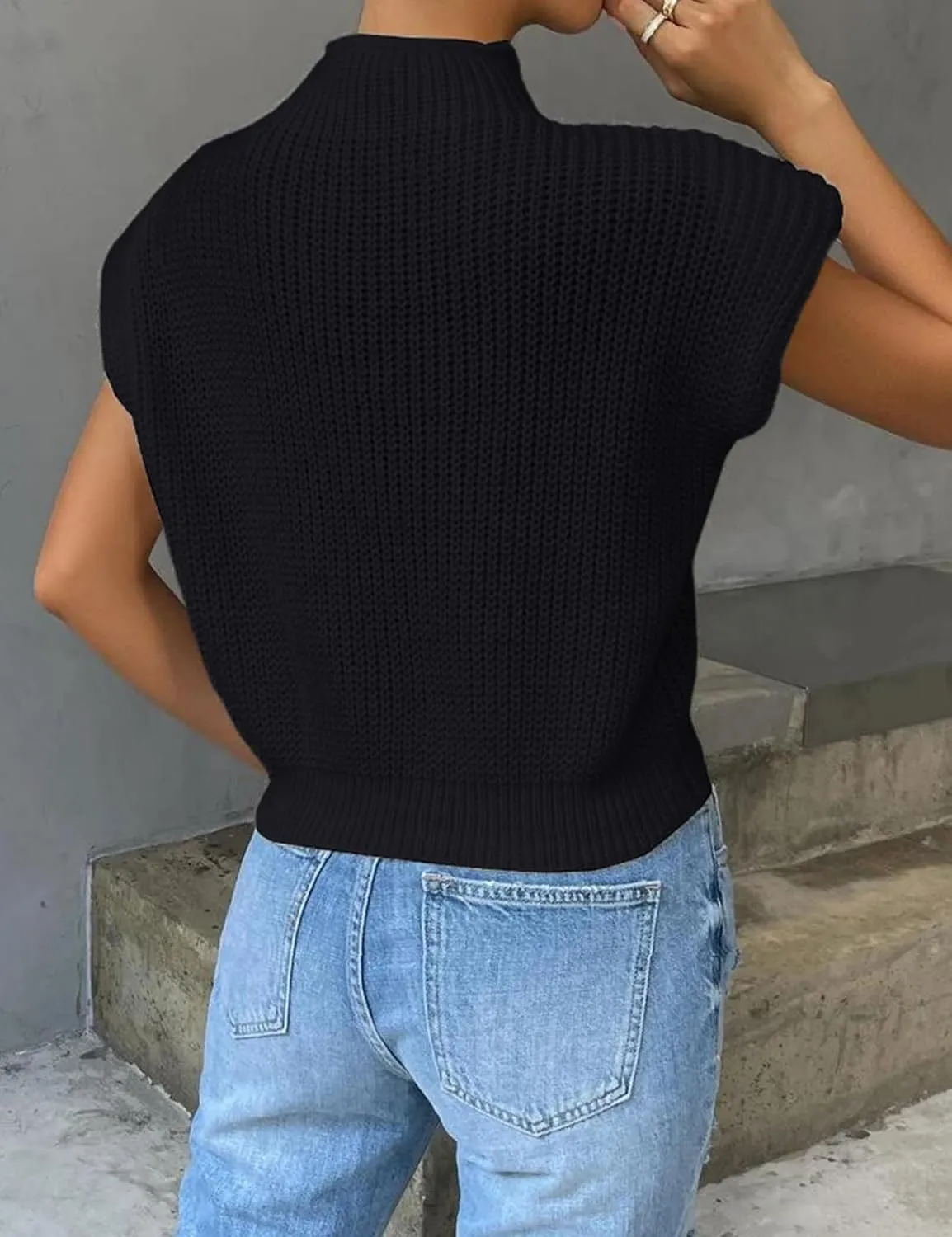 Yimoon Womens Sweater Vest Top Sleeveless Cable Knit Mock Neck Sweater Tank Short Sleeve Shoulder Pad Pullover