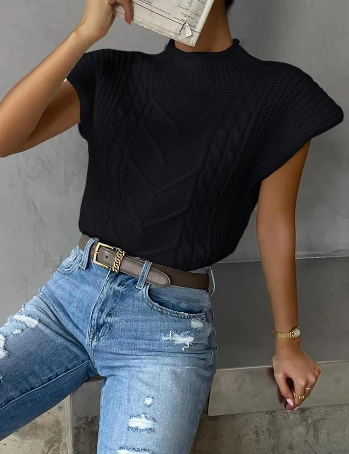Yimoon Womens Sweater Vest Top Sleeveless Cable Knit Mock Neck Sweater Tank Short Sleeve Shoulder Pad Pullover
