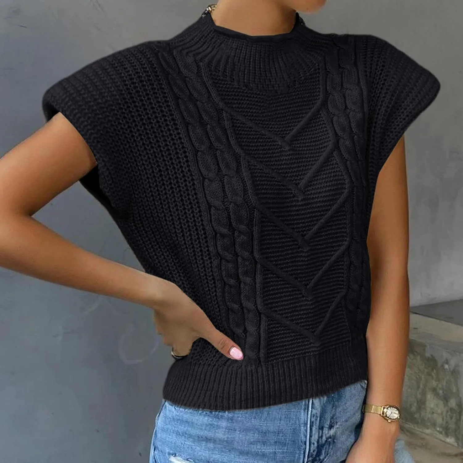Yimoon Womens Sweater Vest Top Sleeveless Cable Knit Mock Neck Sweater Tank Short Sleeve Shoulder Pad Pullover