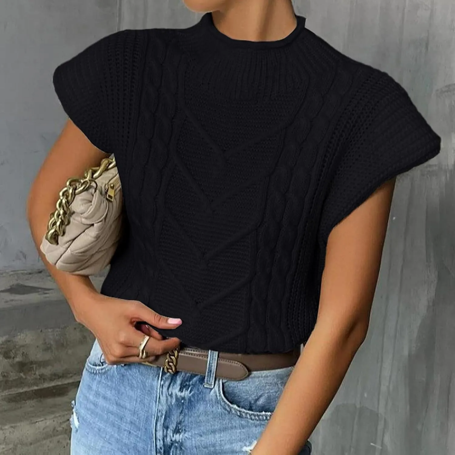 Yimoon Womens Sweater Vest Top Sleeveless Cable Knit Mock Neck Sweater Tank Short Sleeve Shoulder Pad Pullover