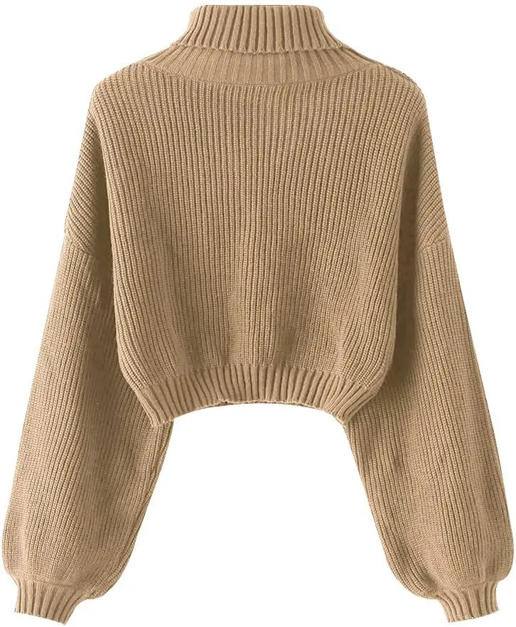 ZAFUL Women's Crew Neck Long Sleeve Pullover Crop Sweater Mock Neck Lantern Sleeve Ribbed Knit Cropped Sweater