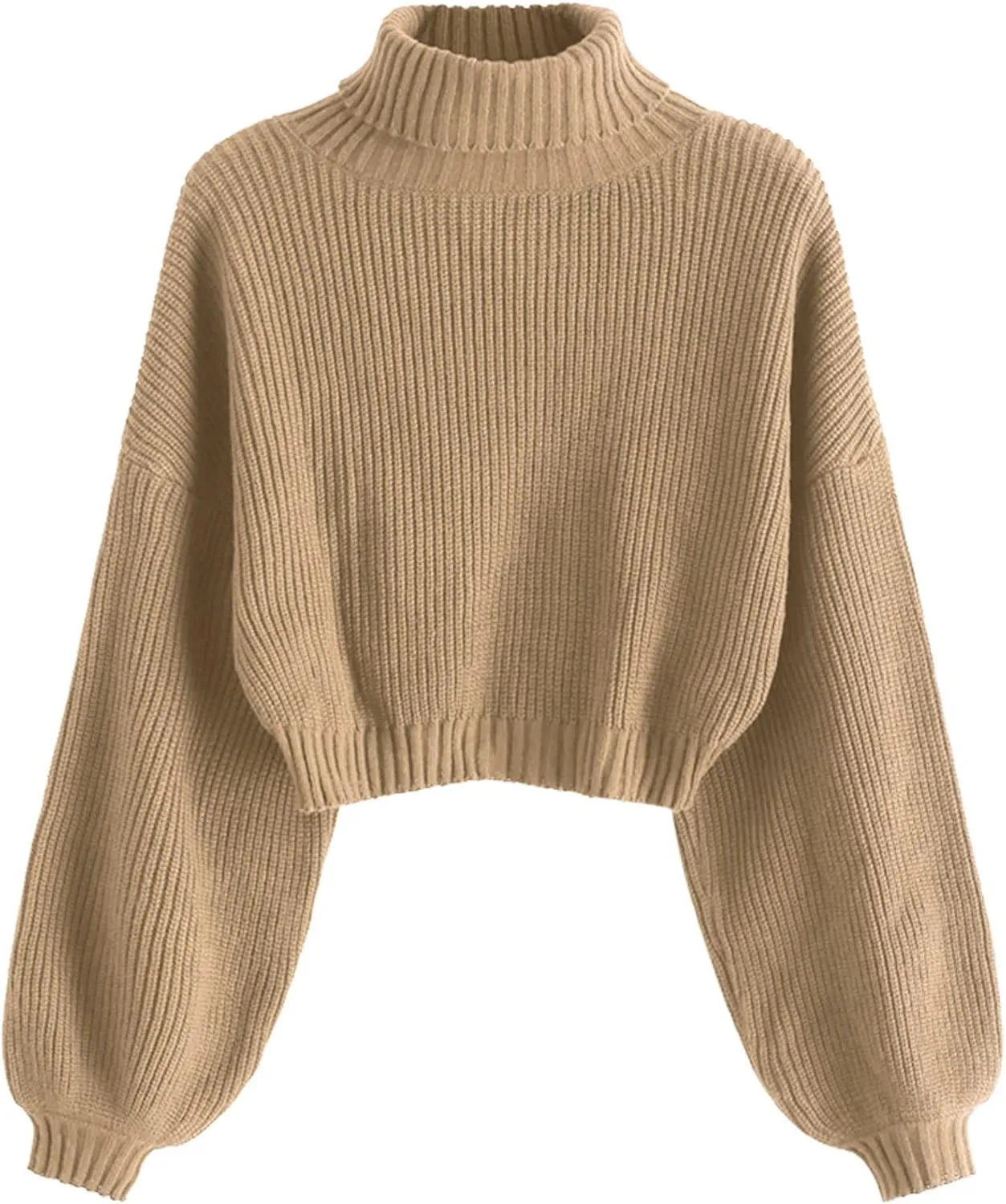 ZAFUL Women's Crew Neck Long Sleeve Pullover Crop Sweater Mock Neck Lantern Sleeve Ribbed Knit Cropped Sweater