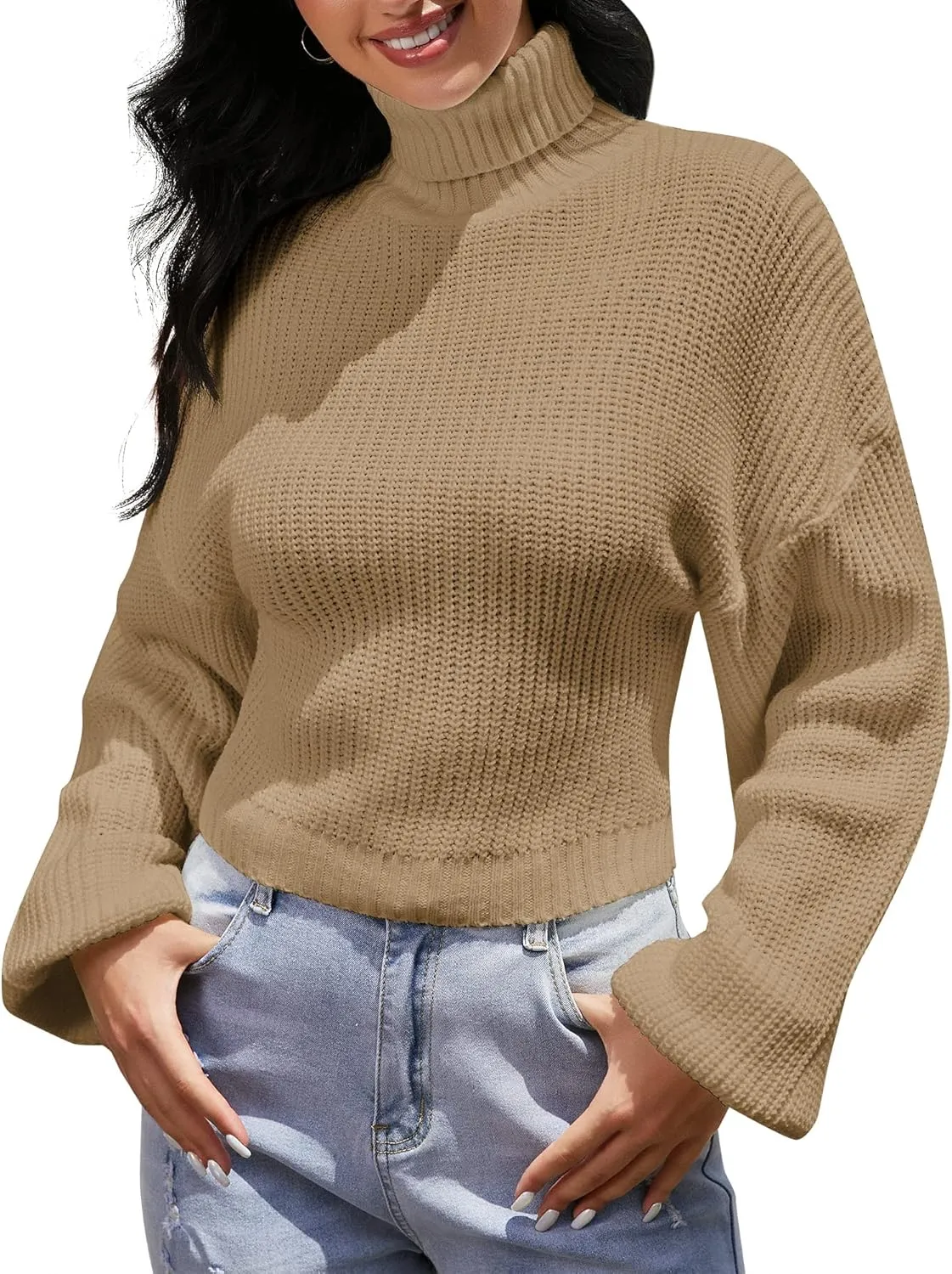 ZAFUL Women's Crew Neck Long Sleeve Pullover Crop Sweater Mock Neck Lantern Sleeve Ribbed Knit Cropped Sweater
