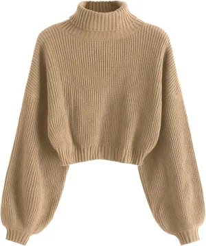 ZAFUL Women's Crew Neck Long Sleeve Pullover Crop Sweater Mock Neck Lantern Sleeve Ribbed Knit Cropped Sweater