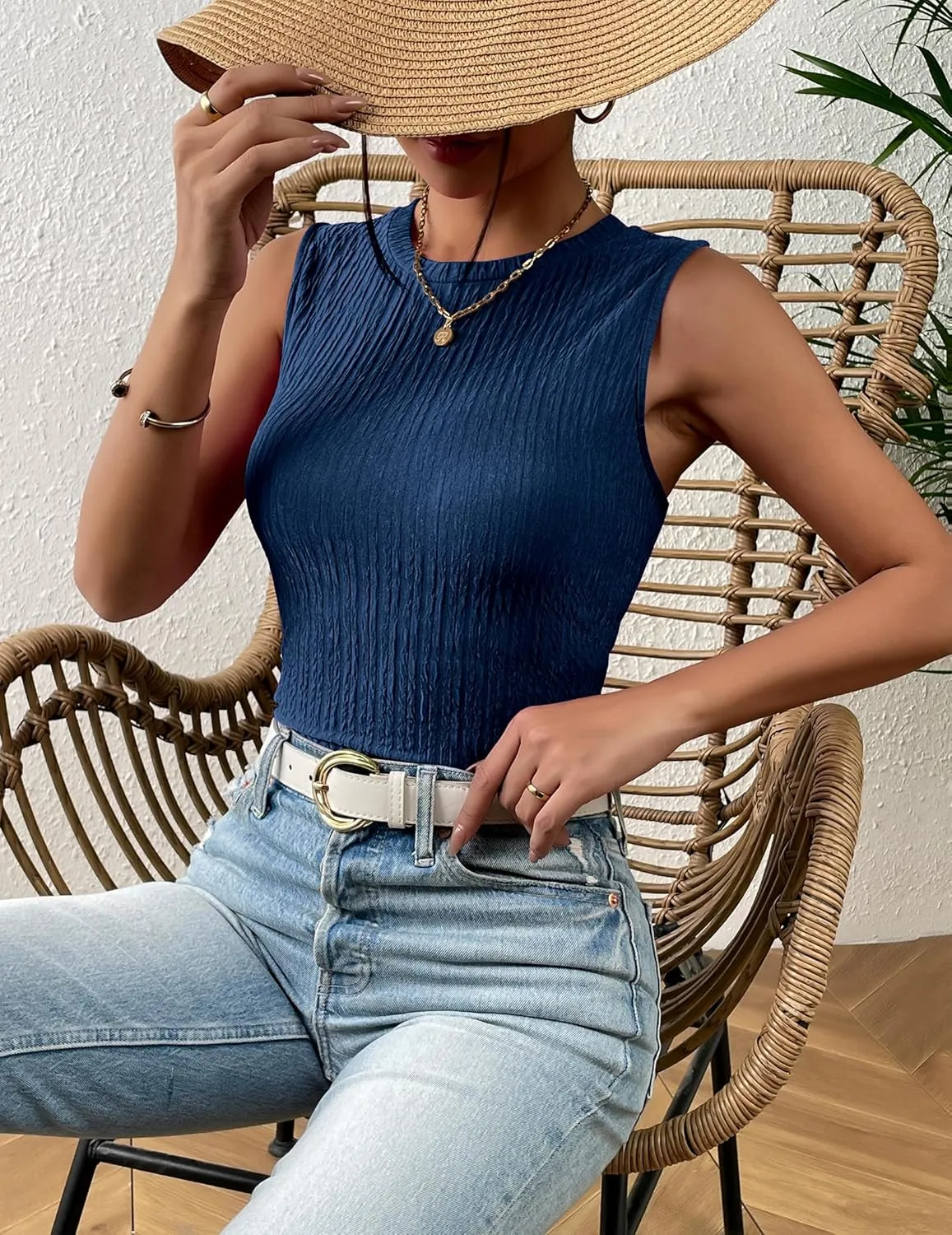 Zeagoo Women's High Neck Tank Top 2025 Summer Casual Ribbed Knit Slim Fitted Basic Textured Sleeveless Shirts