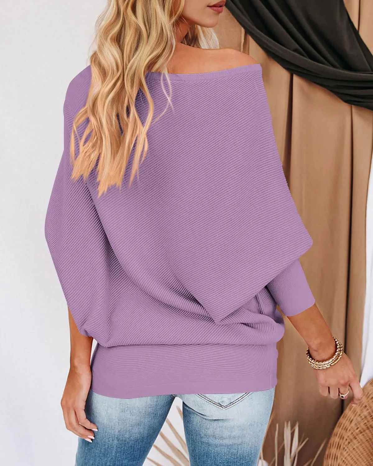 Zenlonr Women's Fall Sweaters 2025 Casual Long Batwing Sleeve Loose Off Shoulder Knit Pullovers Jumper Tops
