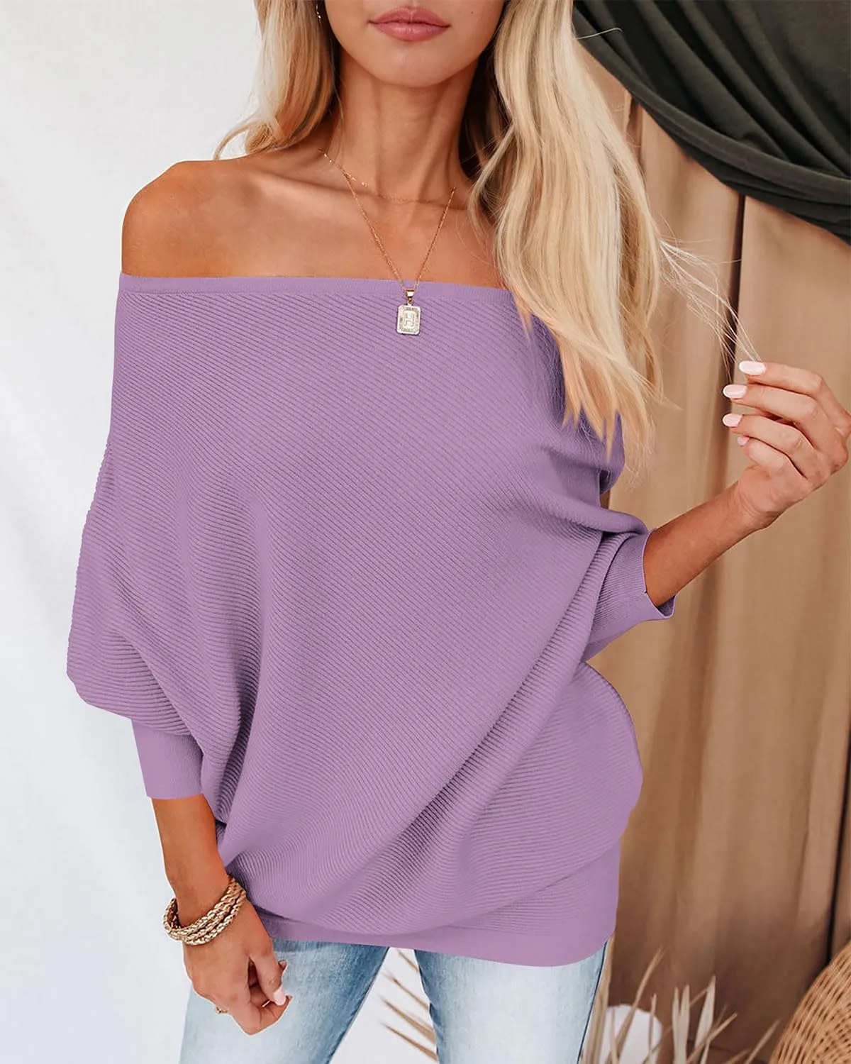 Zenlonr Women's Fall Sweaters 2025 Casual Long Batwing Sleeve Loose Off Shoulder Knit Pullovers Jumper Tops