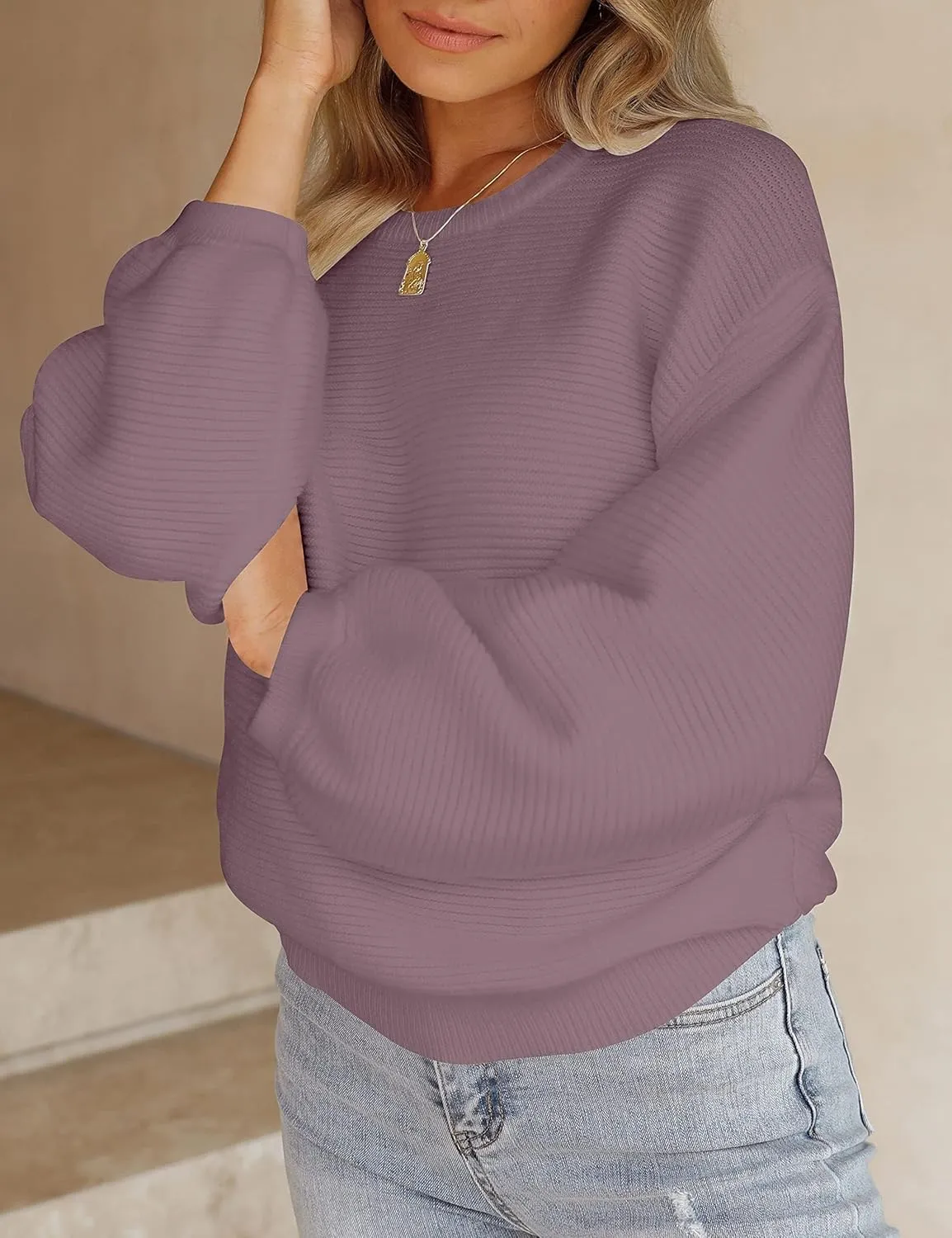 ZESICA Women's Crew Neck Long Lantern Sleeve Casual Loose Ribbed Knit Solid Soft Pullover Sweater Tops