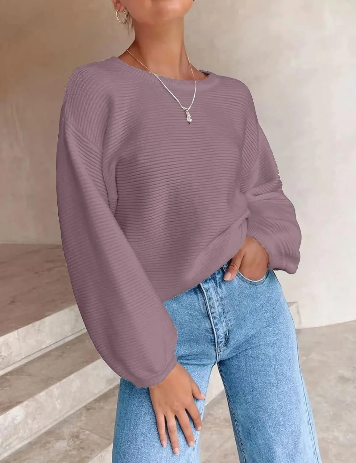ZESICA Women's Crew Neck Long Lantern Sleeve Casual Loose Ribbed Knit Solid Soft Pullover Sweater Tops