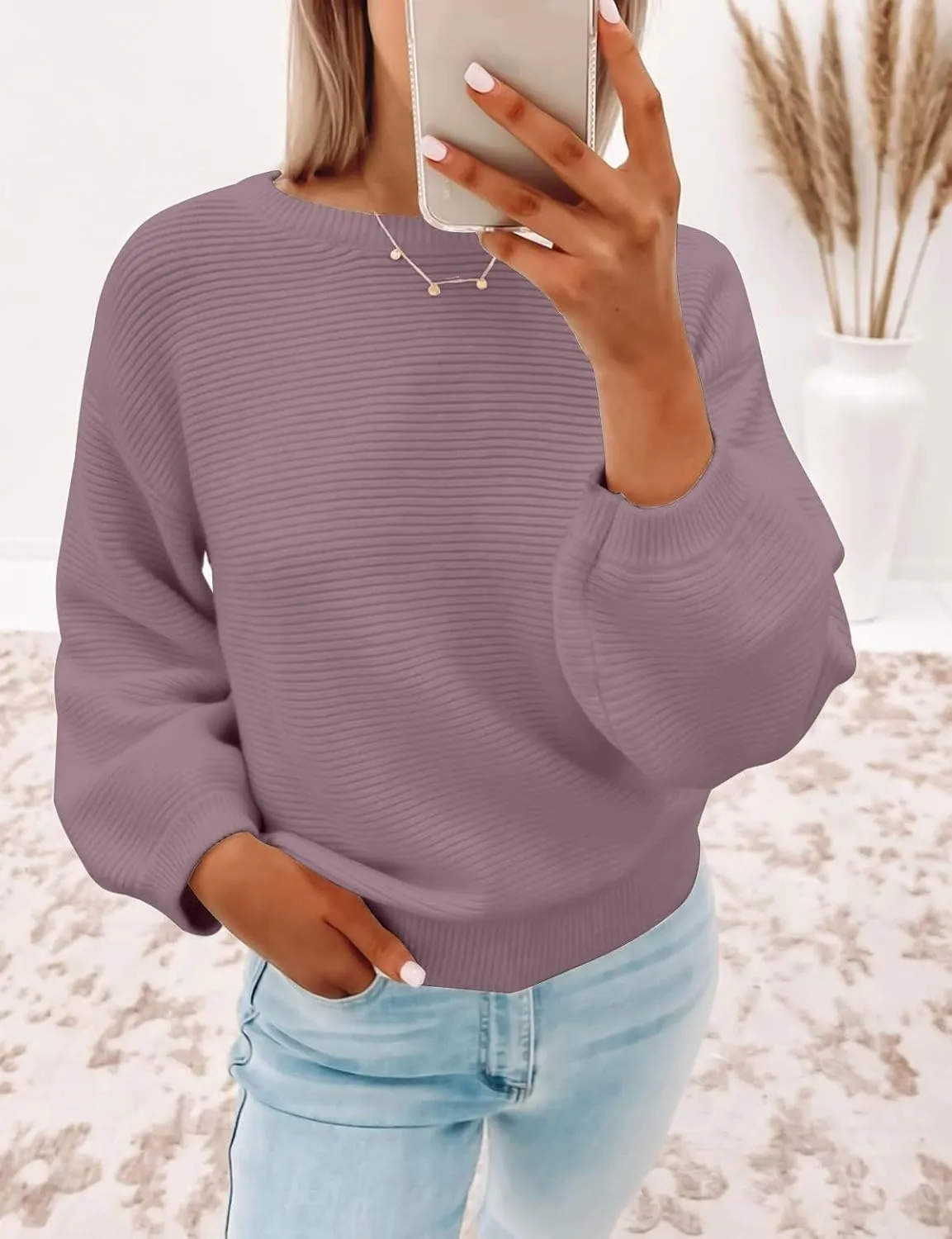 ZESICA Women's Crew Neck Long Lantern Sleeve Casual Loose Ribbed Knit Solid Soft Pullover Sweater Tops