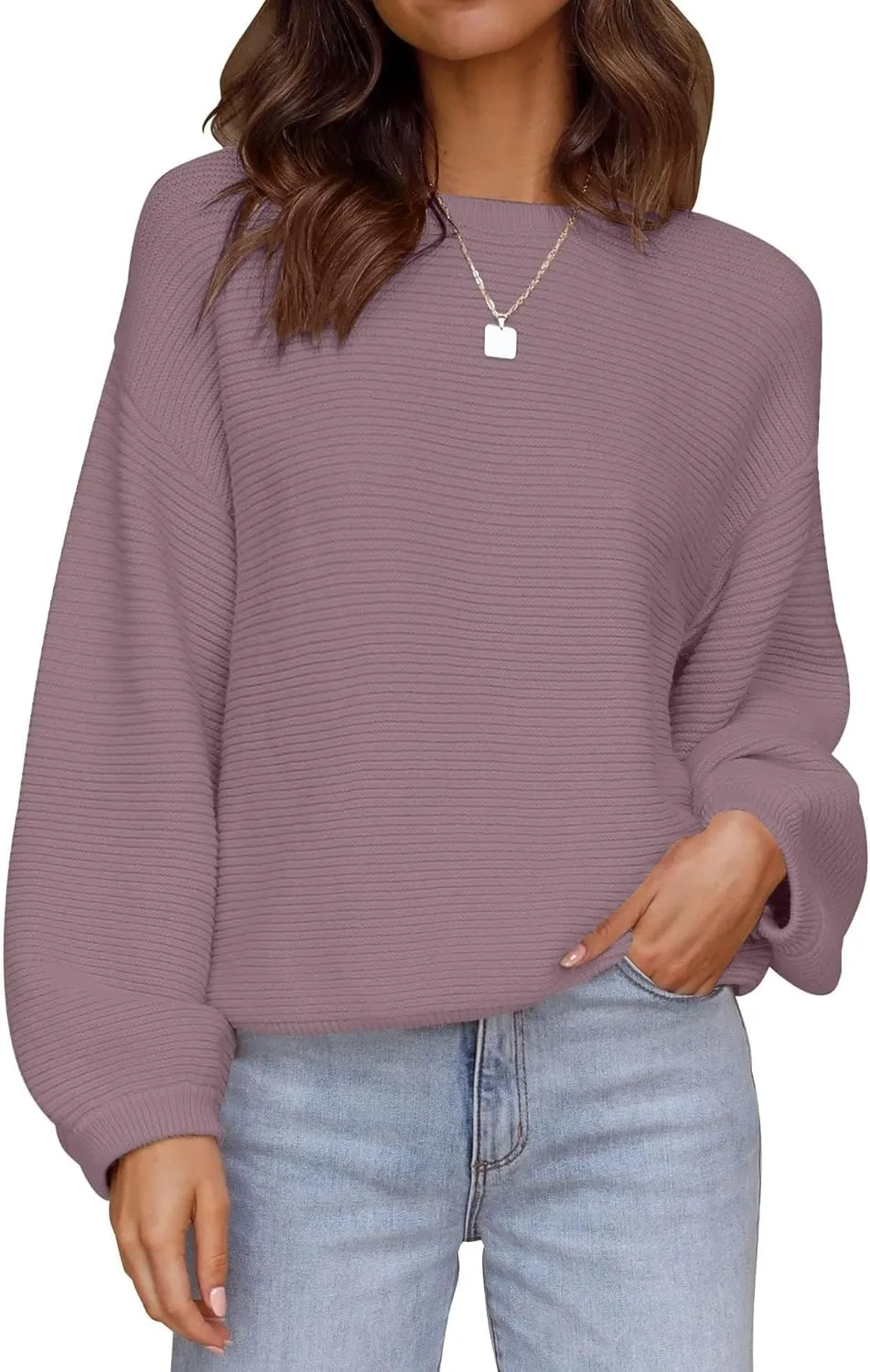 ZESICA Women's Crew Neck Long Lantern Sleeve Casual Loose Ribbed Knit Solid Soft Pullover Sweater Tops
