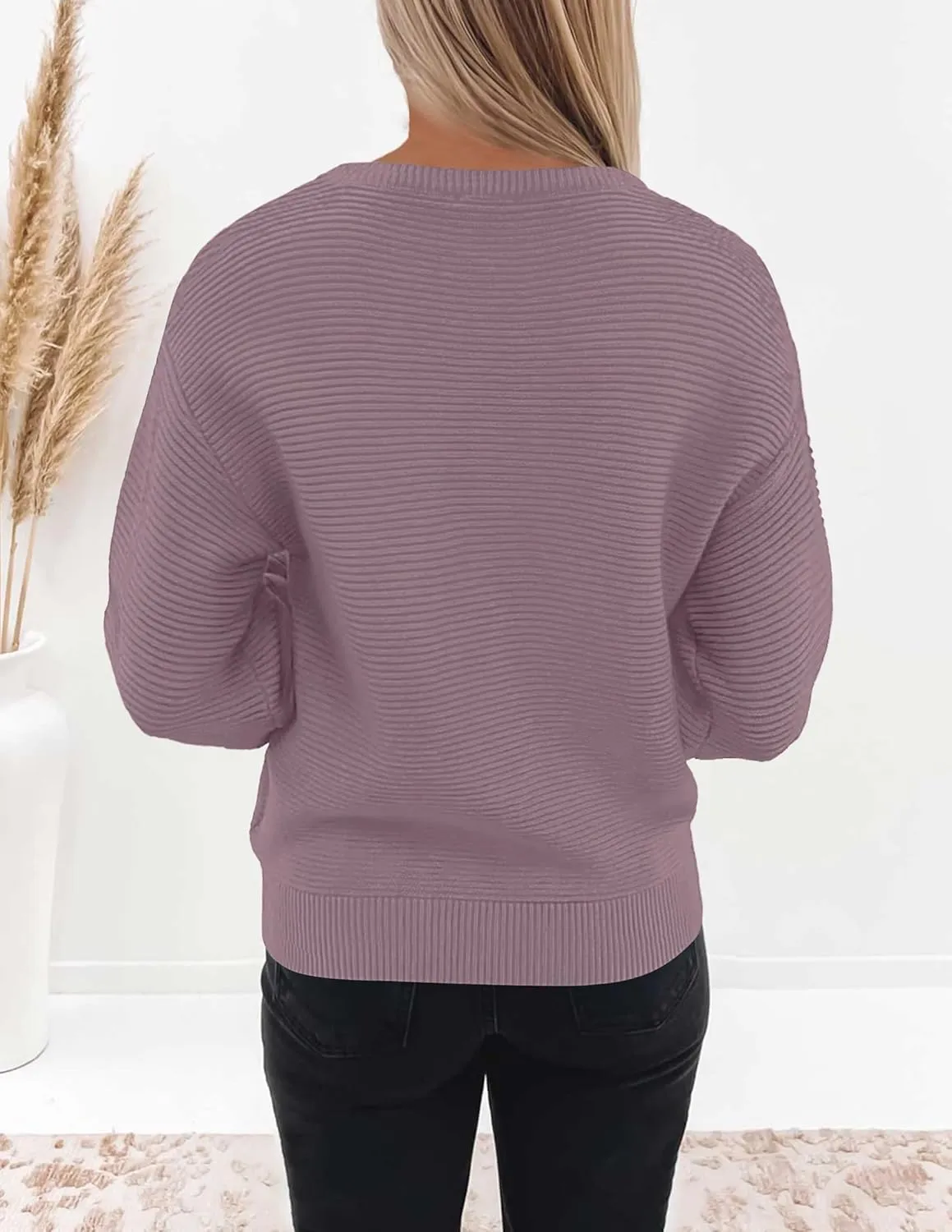 ZESICA Women's Crew Neck Long Lantern Sleeve Casual Loose Ribbed Knit Solid Soft Pullover Sweater Tops