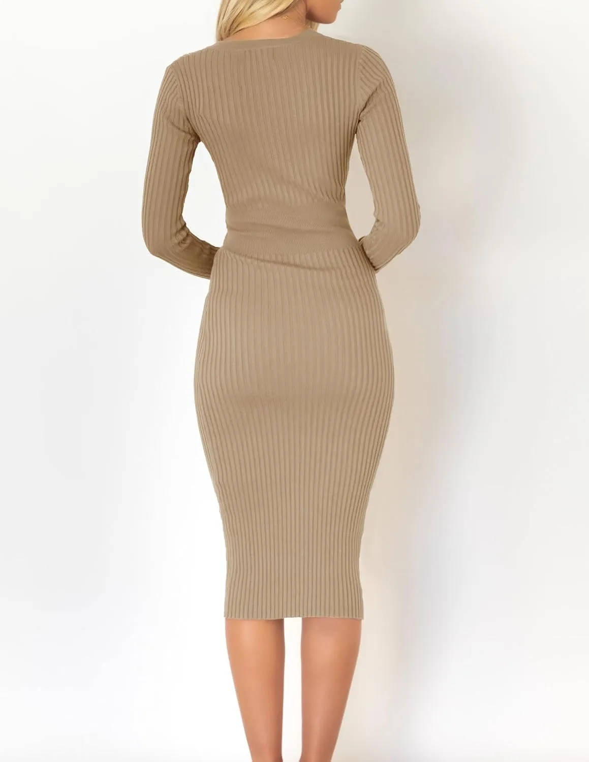 ZESICA Women's Spring Sweater Dress V Neck Long Sleeve Ribbed Knit Tie Waist Slim Fit Bodycon Midi Dresses