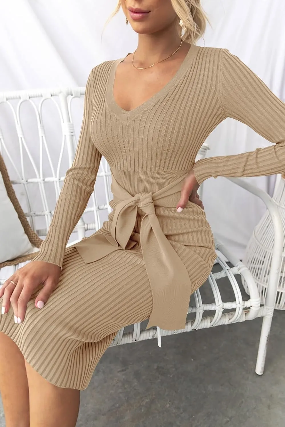 ZESICA Women's Spring Sweater Dress V Neck Long Sleeve Ribbed Knit Tie Waist Slim Fit Bodycon Midi Dresses