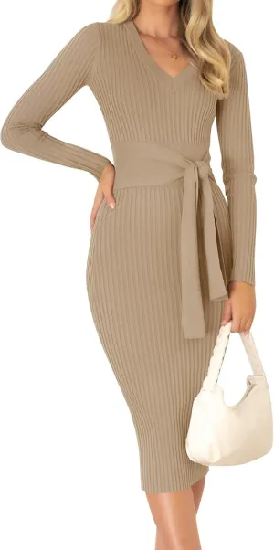 ZESICA Women's Spring Sweater Dress V Neck Long Sleeve Ribbed Knit Tie Waist Slim Fit Bodycon Midi Dresses