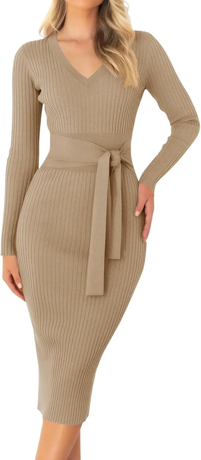 ZESICA Women's Spring Sweater Dress V Neck Long Sleeve Ribbed Knit Tie Waist Slim Fit Bodycon Midi Dresses