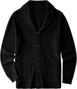 ZHILI Men's Shawl Collar Cardigan Sweater Slim Fit Cable Knit Button up Black Merino Wool Sweater