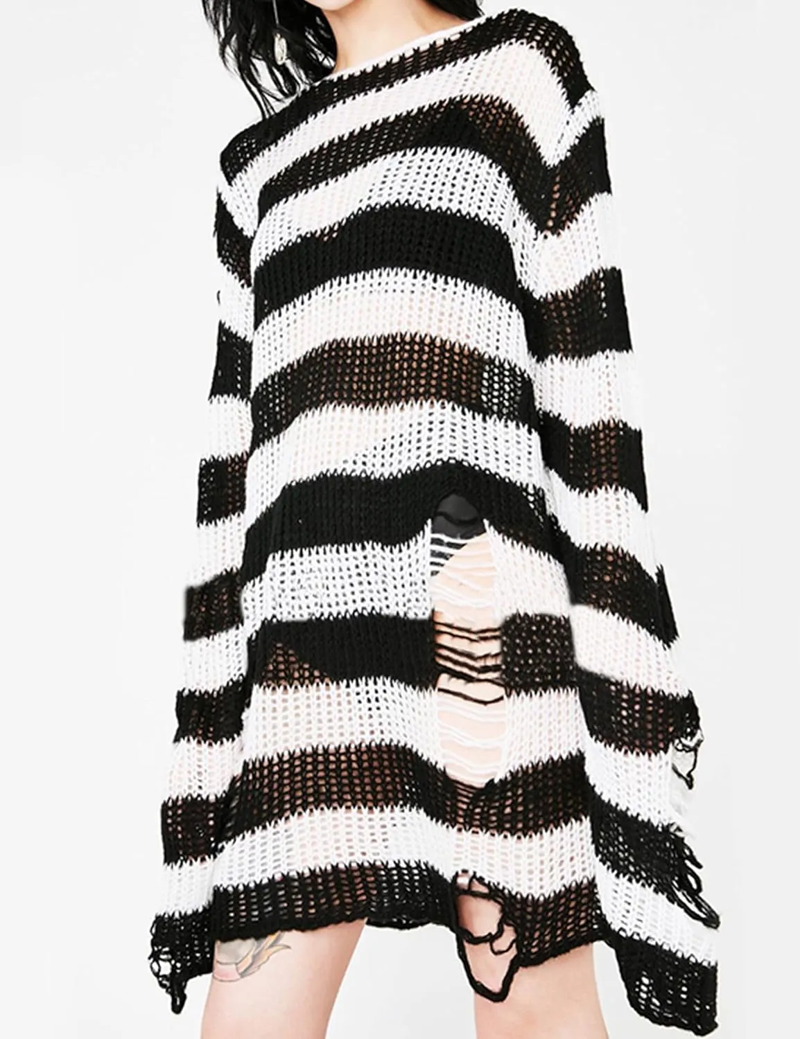Zhiyouni Punk Gothic Sweater for Women Men Hollow Out Loose Knit Pullover Tops