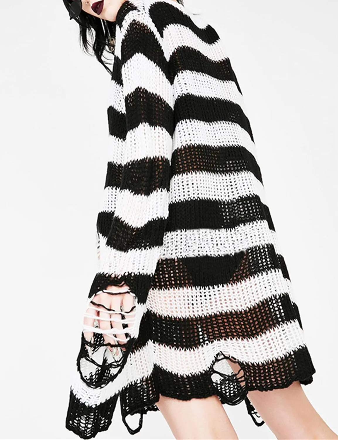 Zhiyouni Punk Gothic Sweater for Women Men Hollow Out Loose Knit Pullover Tops