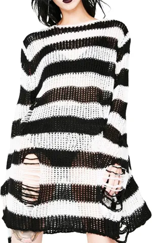 Zhiyouni Punk Gothic Sweater for Women Men Hollow Out Loose Knit Pullover Tops