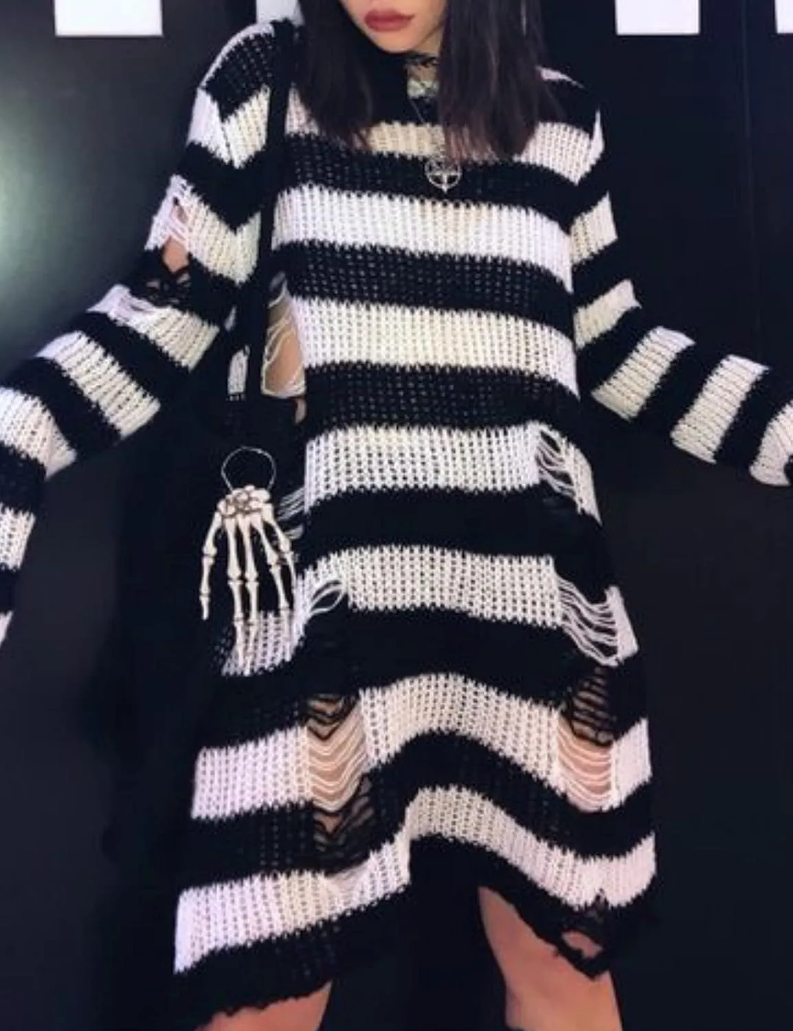 Zhiyouni Punk Gothic Sweater for Women Men Hollow Out Loose Knit Pullover Tops