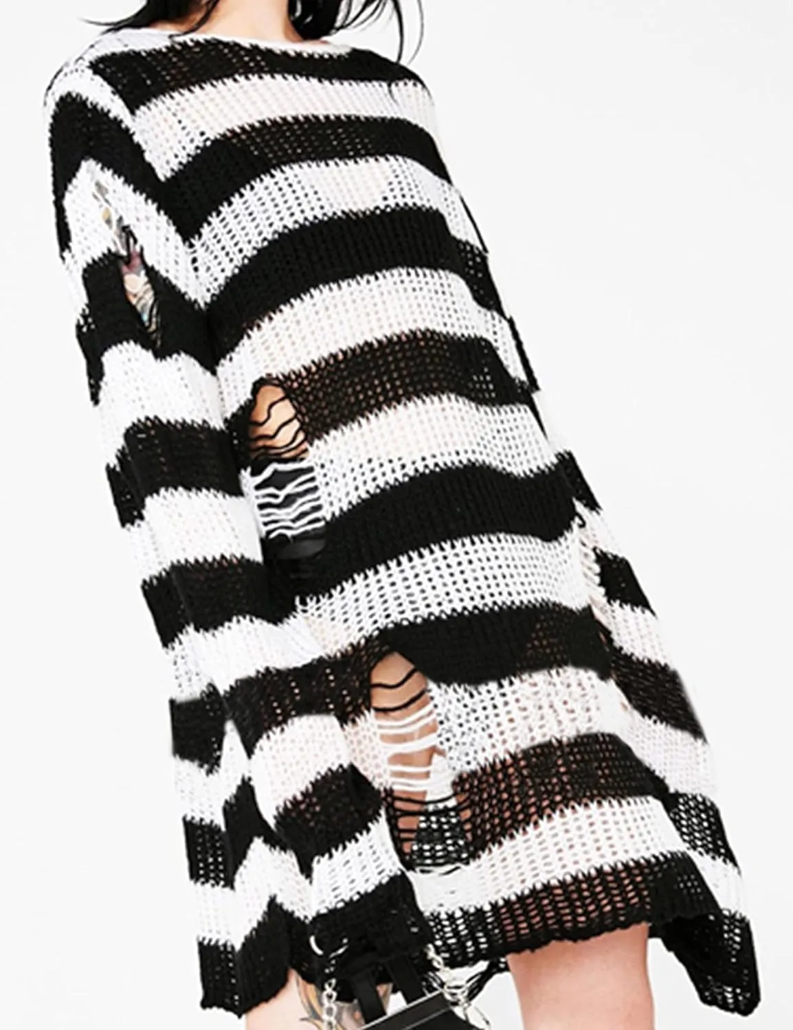 Zhiyouni Punk Gothic Sweater for Women Men Hollow Out Loose Knit Pullover Tops