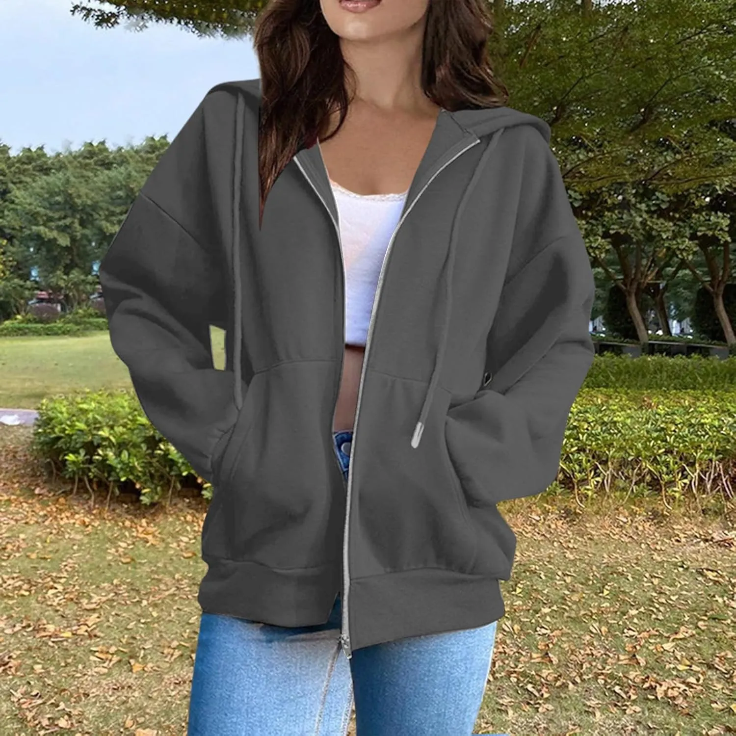 Zip Up Hoodies For Women Cropped Solid Color Sweatshirts Fall Outfits 2024 Long Sleeved Teen Girls Clothes