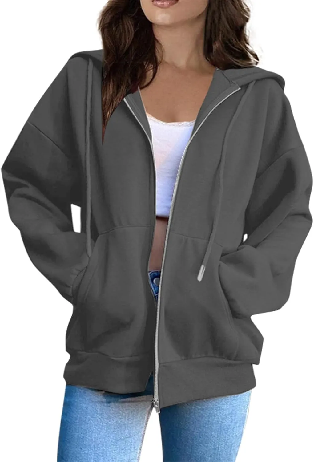 Zip Up Hoodies For Women Cropped Solid Color Sweatshirts Fall Outfits 2024 Long Sleeved Teen Girls Clothes