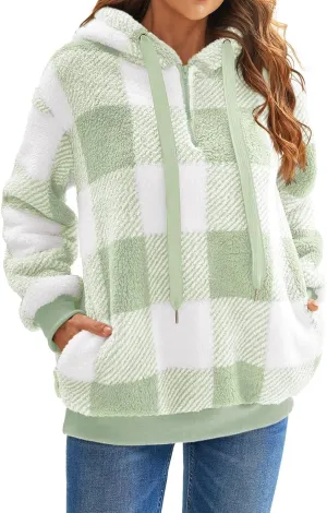 ZWRXW Womens Oversized Sherpa Hoodies Drawstring Fuzzy Fleece Hoodie Sweatshirts Fluffy Buffalo Plaid Outerwear with Pockets