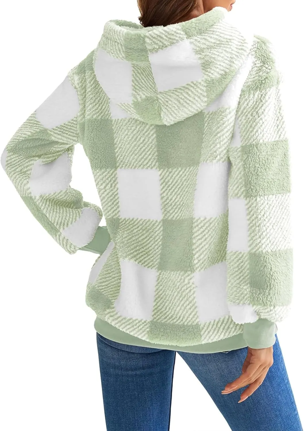 ZWRXW Womens Oversized Sherpa Hoodies Drawstring Fuzzy Fleece Hoodie Sweatshirts Fluffy Buffalo Plaid Outerwear with Pockets