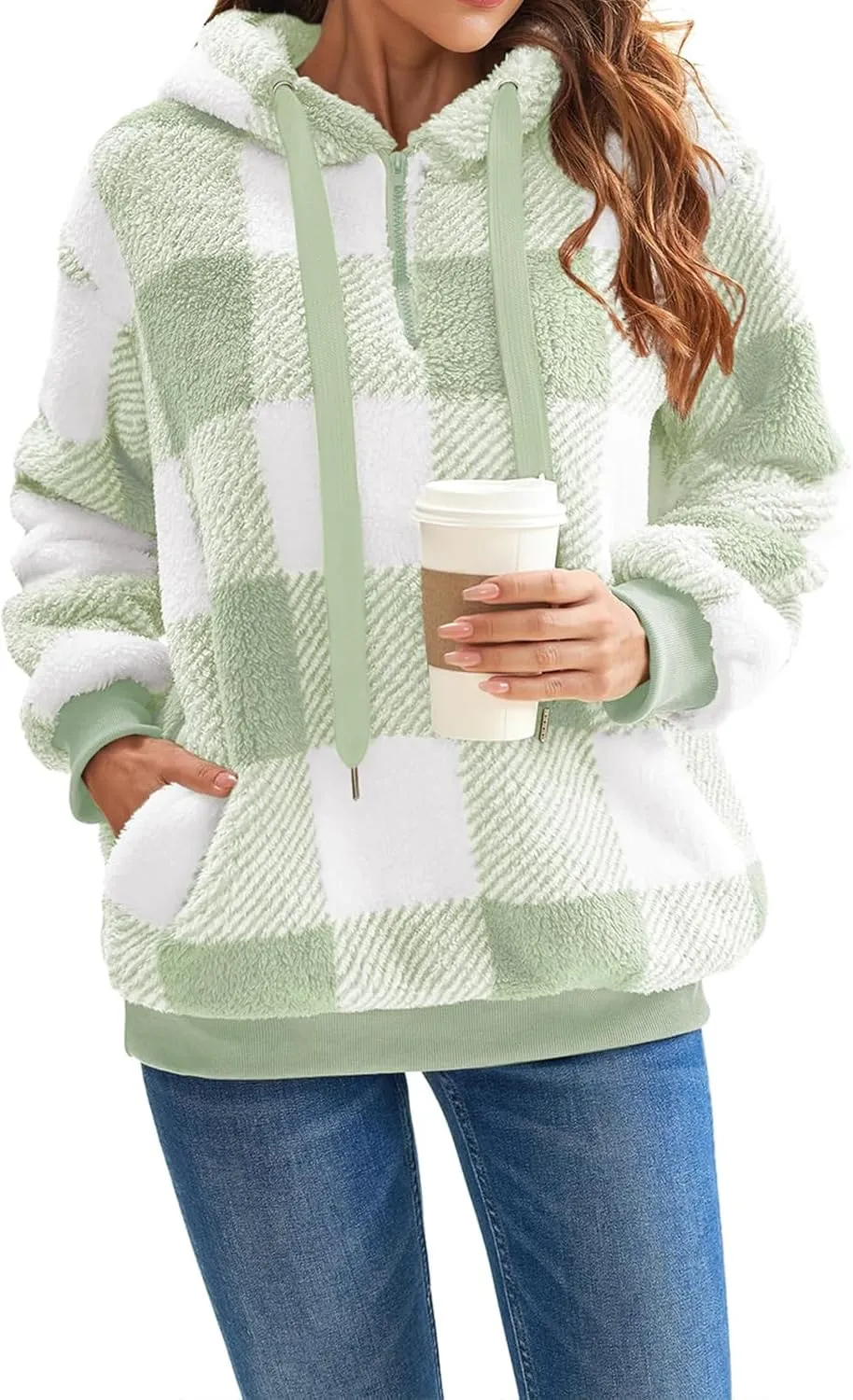 ZWRXW Womens Oversized Sherpa Hoodies Drawstring Fuzzy Fleece Hoodie Sweatshirts Fluffy Buffalo Plaid Outerwear with Pockets